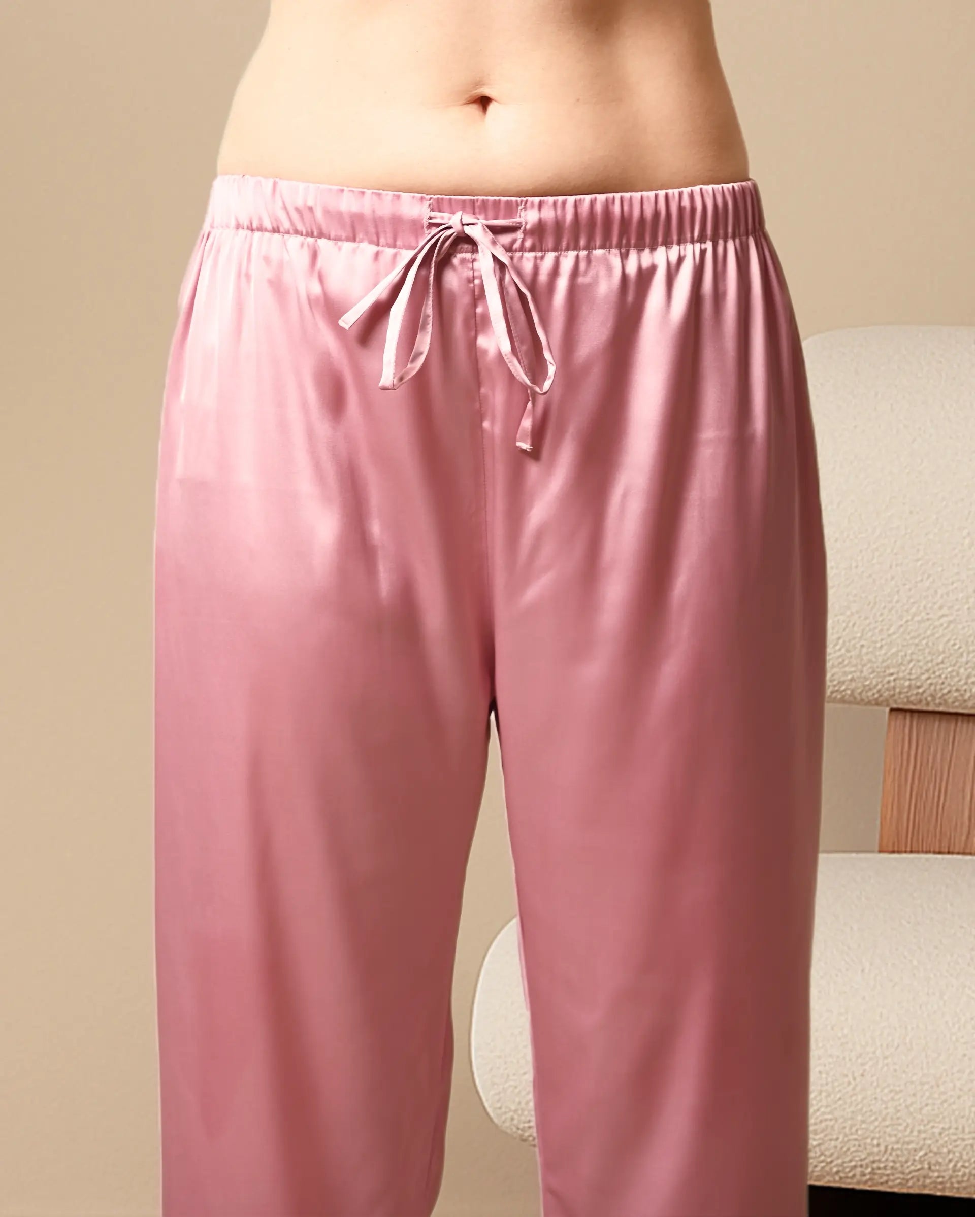 Women's Ballerina Pink Satin, Full sleeves shirt & pyjama Night Set