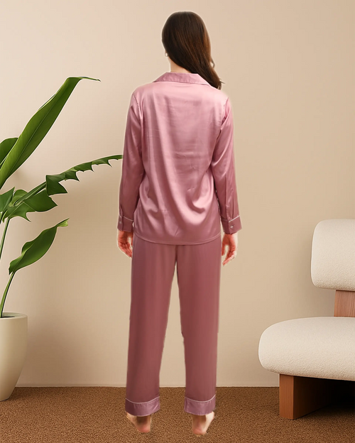 Women's Ballerina Pink Satin, Full sleeves shirt & pyjama Night Set