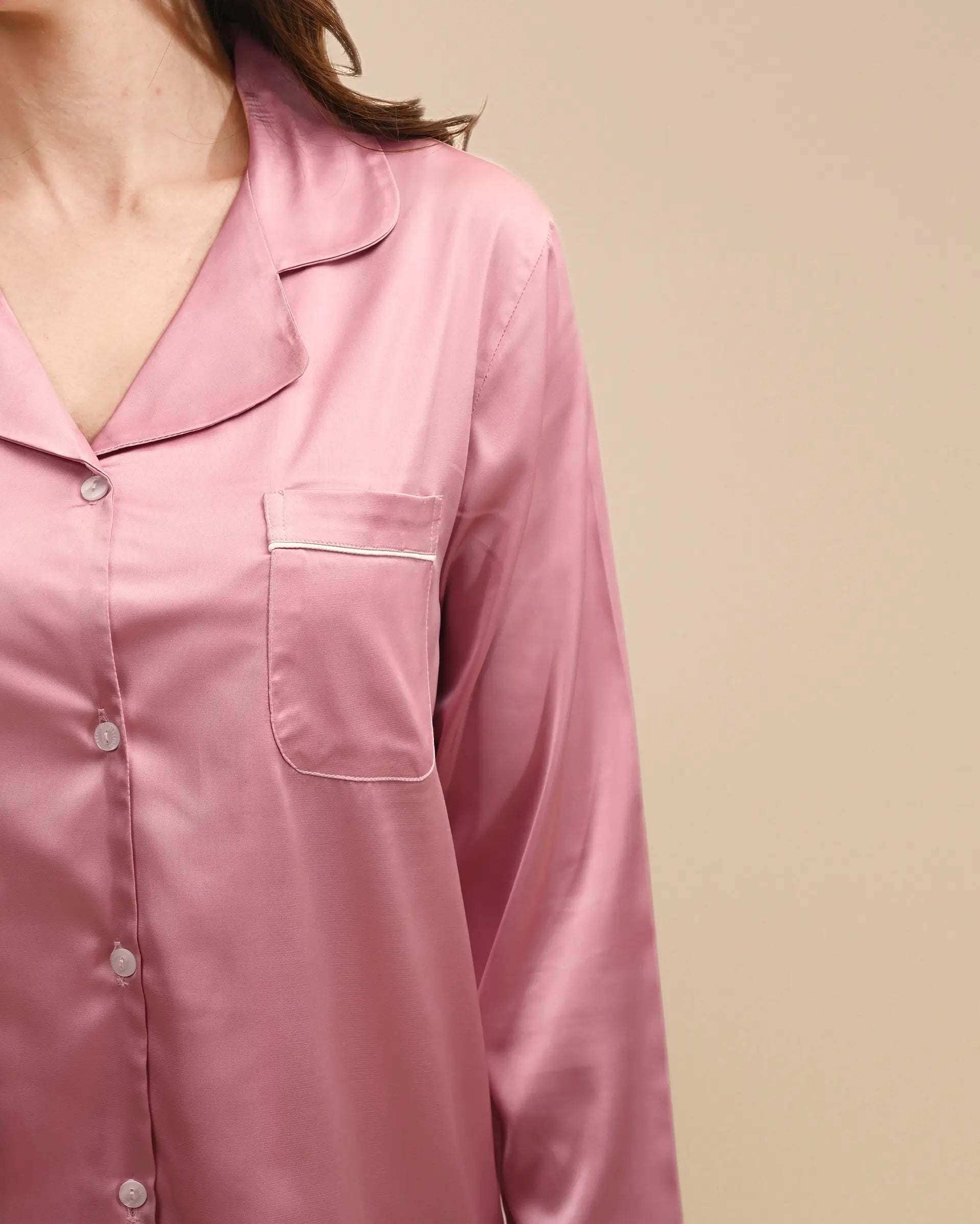 Women's Ballerina Pink Satin, Full sleeves shirt & pyjama Night Set