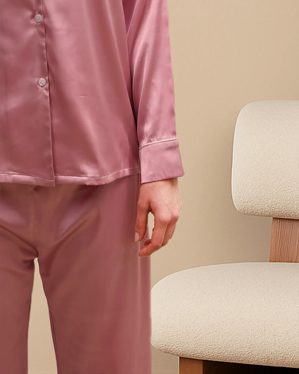Women's Ballerina Pink Satin, Full sleeves shirt & pyjama Night Set