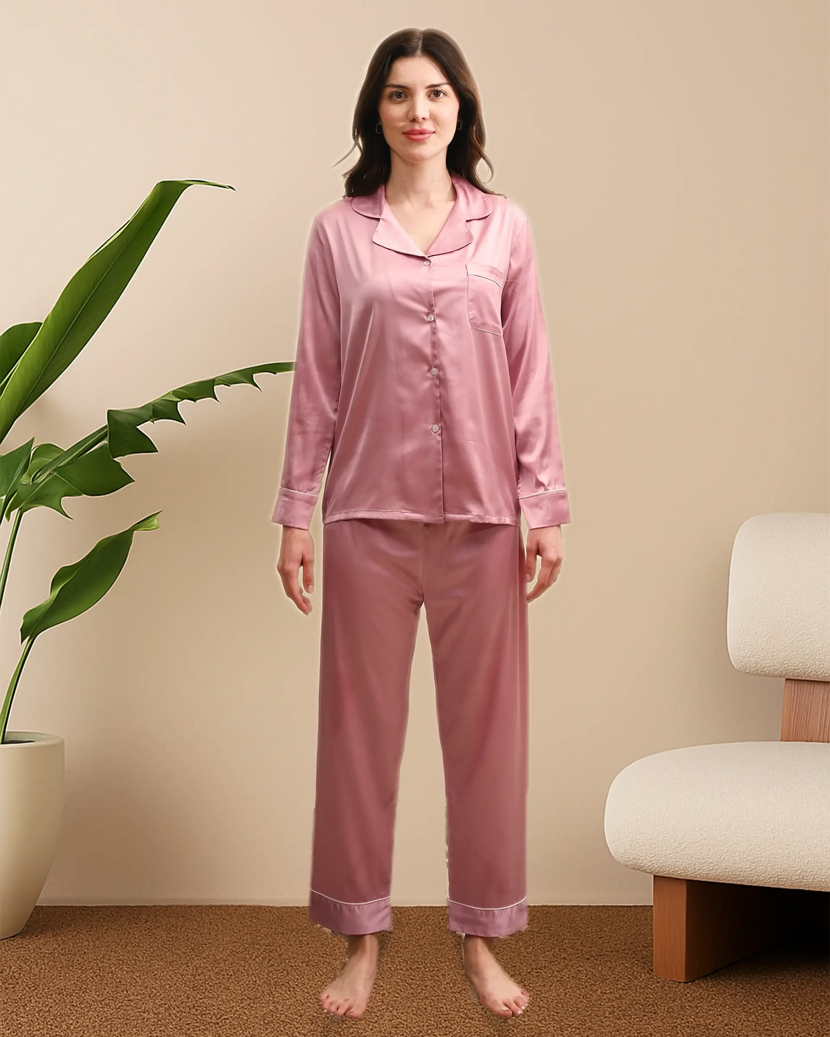 Women's Ballerina Pink Satin, Full sleeves shirt & pyjama Night Set
