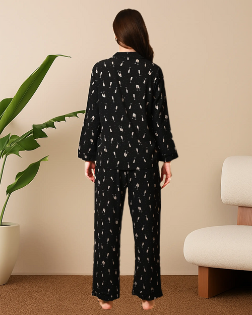 Women's Black Champagne, Full sleeves Ruffle shirt & pyjama Night Set
