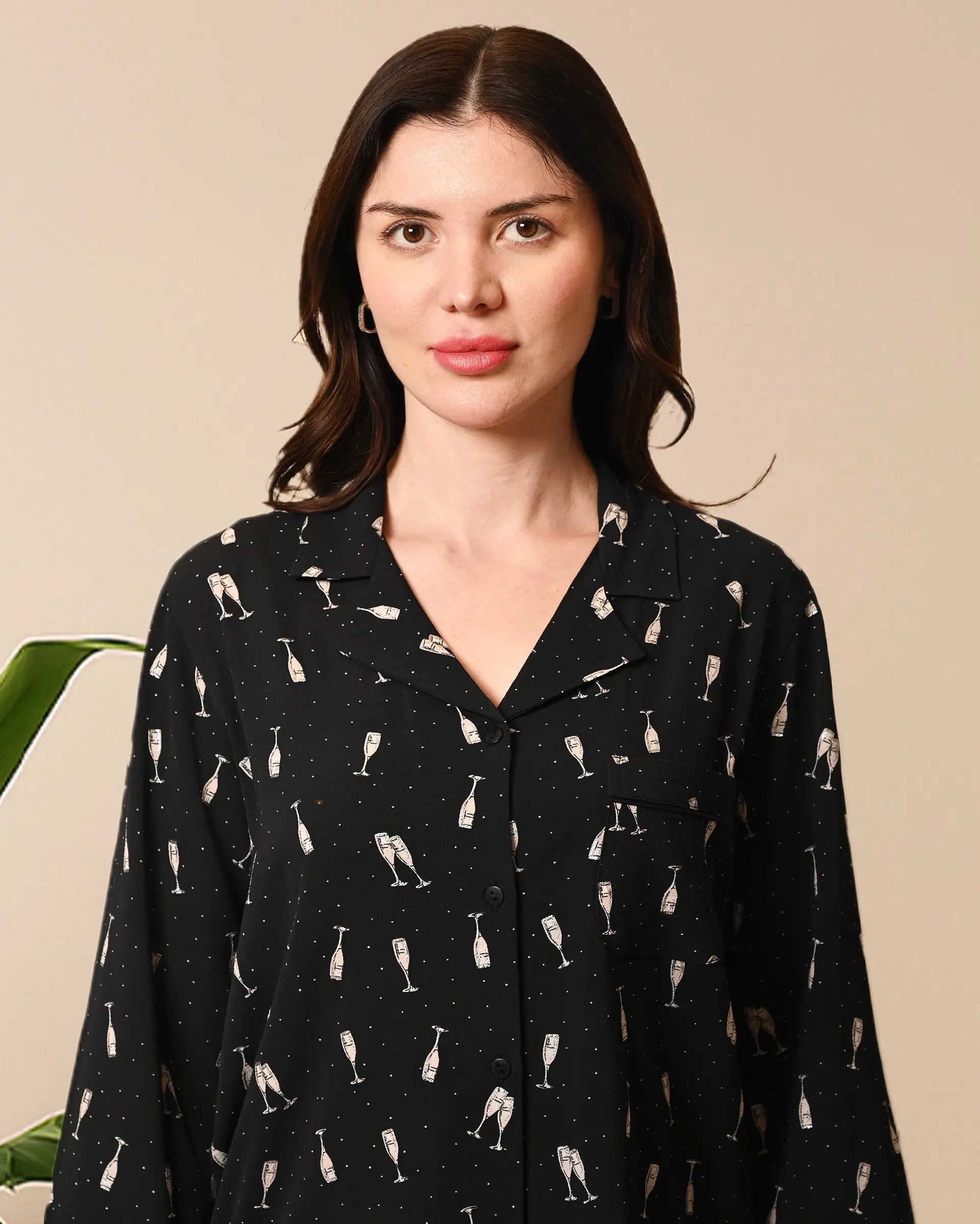Women's Black Champagne, Full sleeves Ruffle shirt & pyjama Night Set