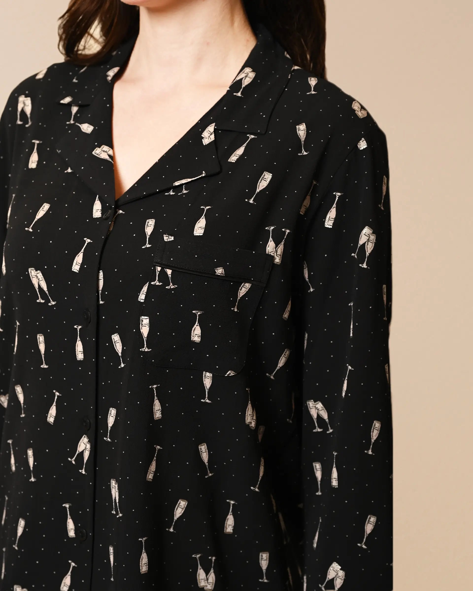 Women's Black Champagne, Full sleeves Ruffle shirt & pyjama Night Set
