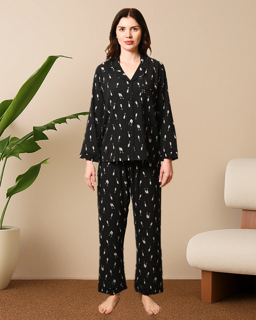 Women's Black Champagne, Full sleeves Ruffle shirt & pyjama Night Set