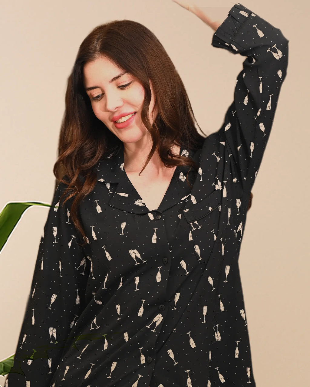 Women's Black Champagne, Full sleeves Ruffle shirt & pyjama Night Set