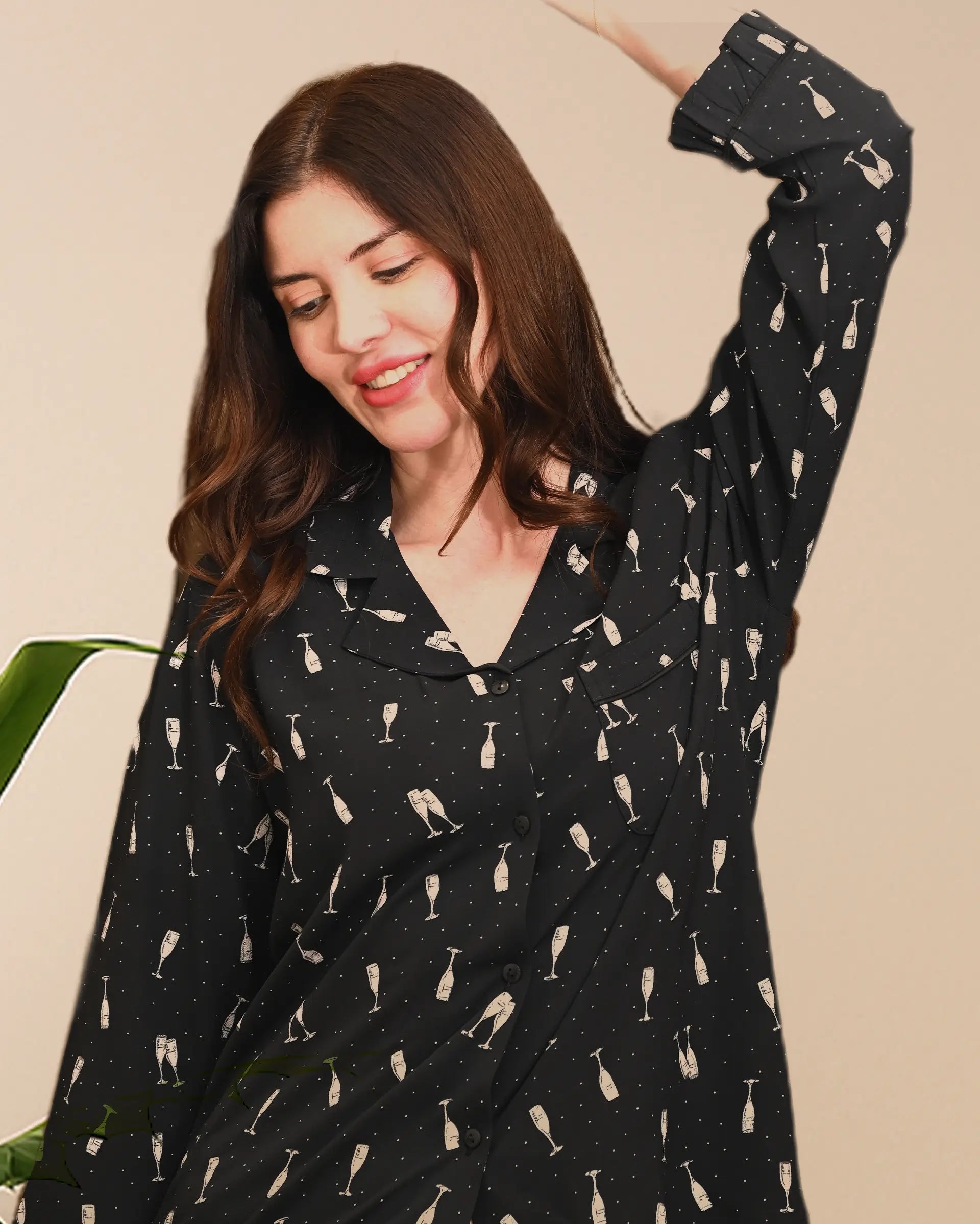Women's Black Champagne, Full sleeves Ruffle shirt & pyjama Night Set