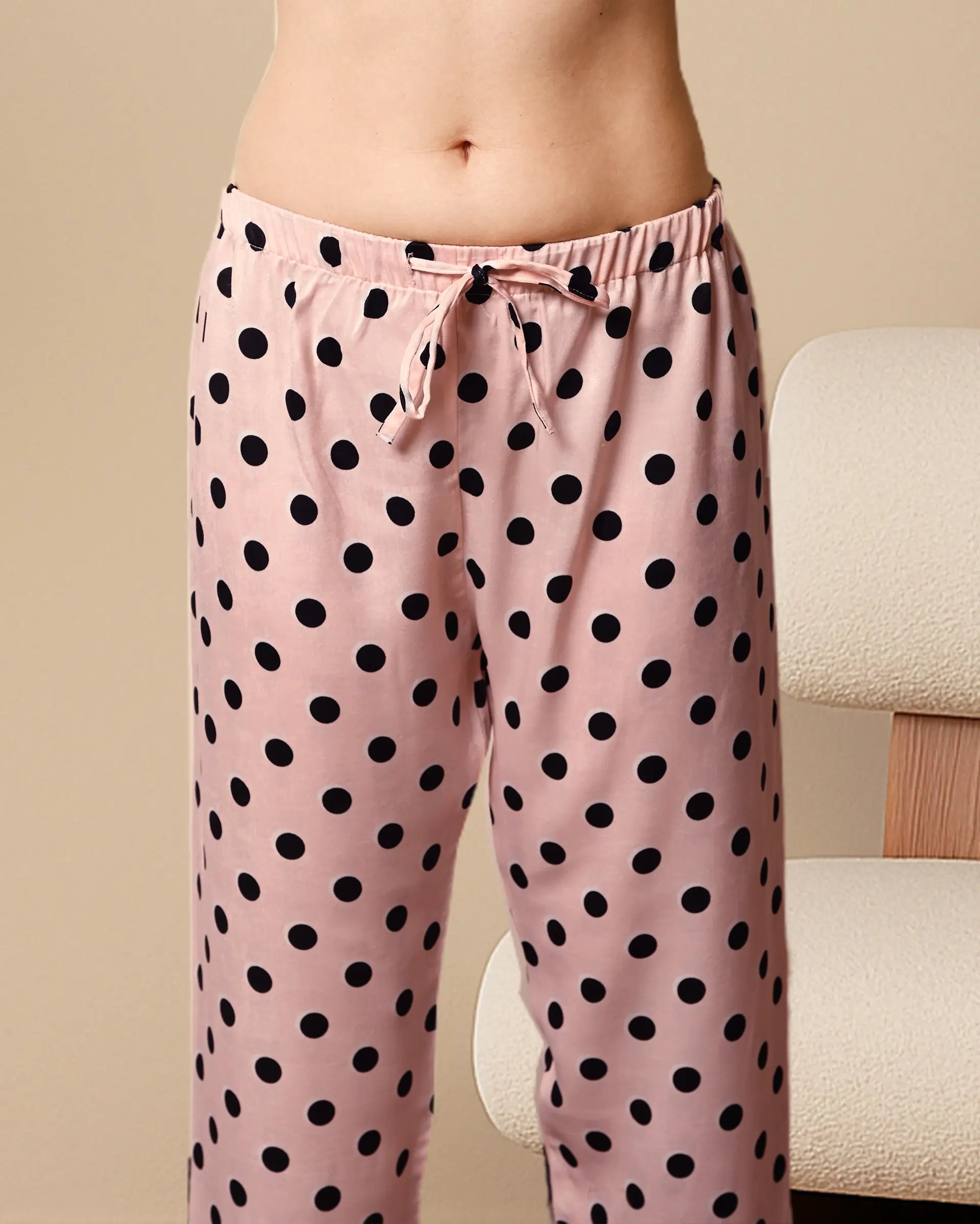Women's Blush Pink Polka Dot Satin, Half sleeves shirt & pyjama Night Set