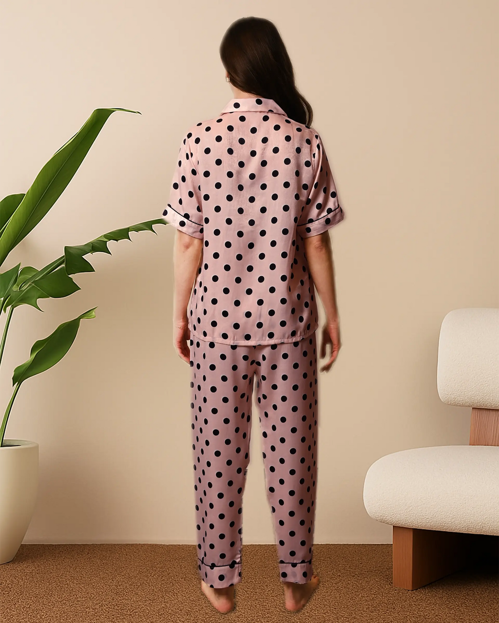 Women's Blush Pink Polka Dot Satin, Half sleeves shirt & pyjama Night Set