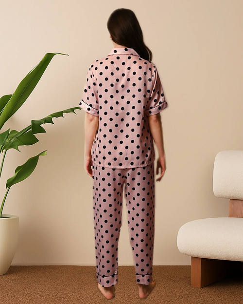Women's Blush Pink Polka Dot Satin, Half sleeves shirt & pyjama Night Set