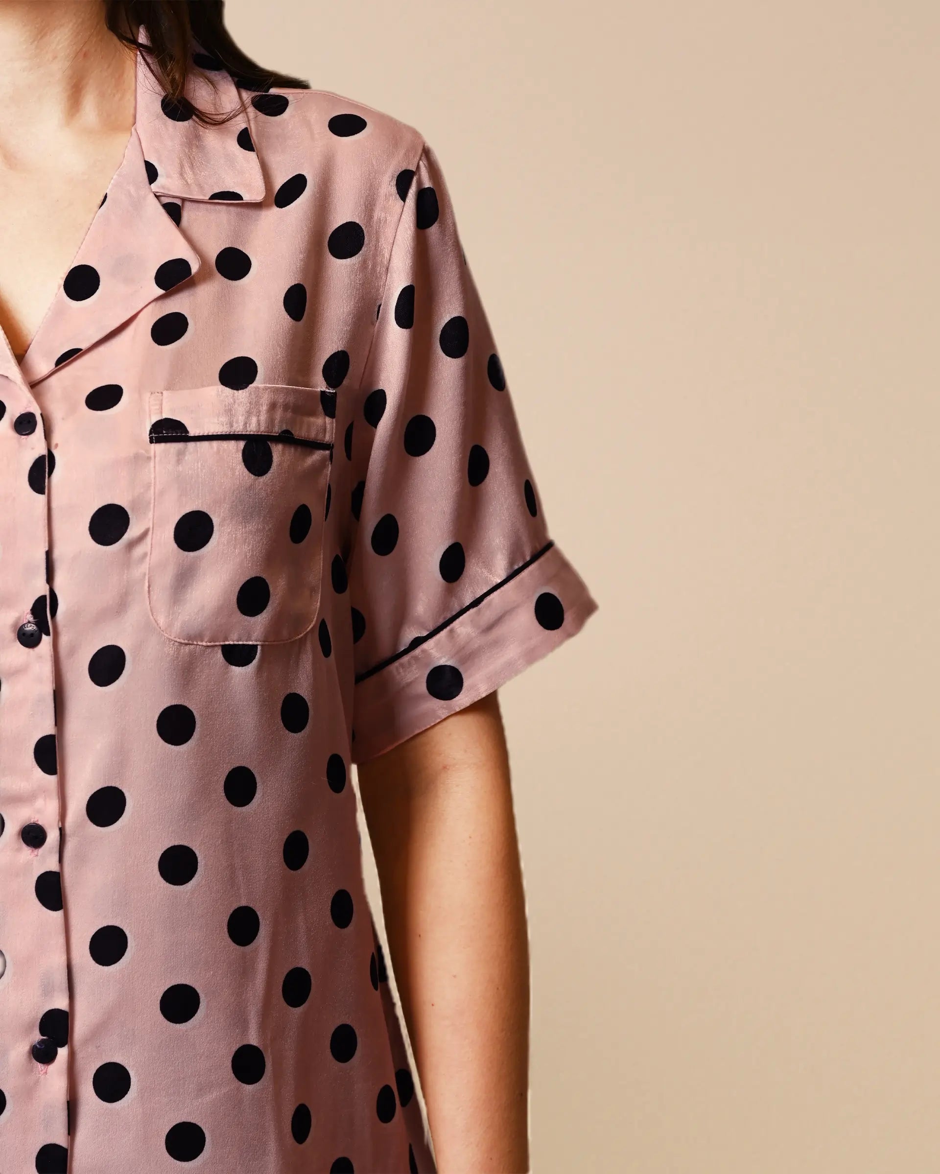 Women's Blush Pink Polka Dot Satin, Half sleeves shirt & pyjama Night Set