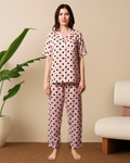 Women's Blush Pink Polka Dot Satin, Half sleeves shirt & pyjama Night Set
