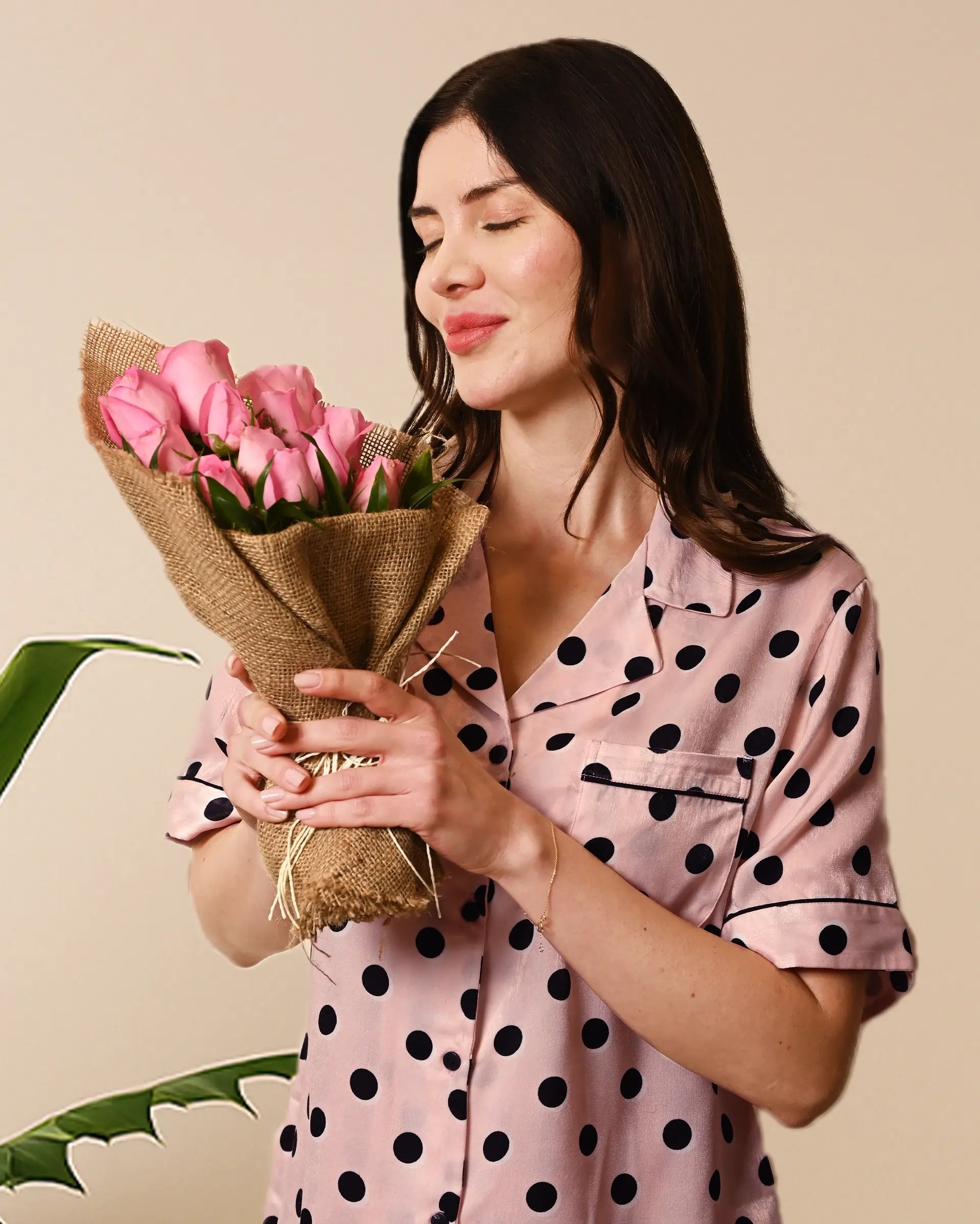 Women's Blush Pink Polka Dot Satin, Half sleeves shirt & pyjama Night Set