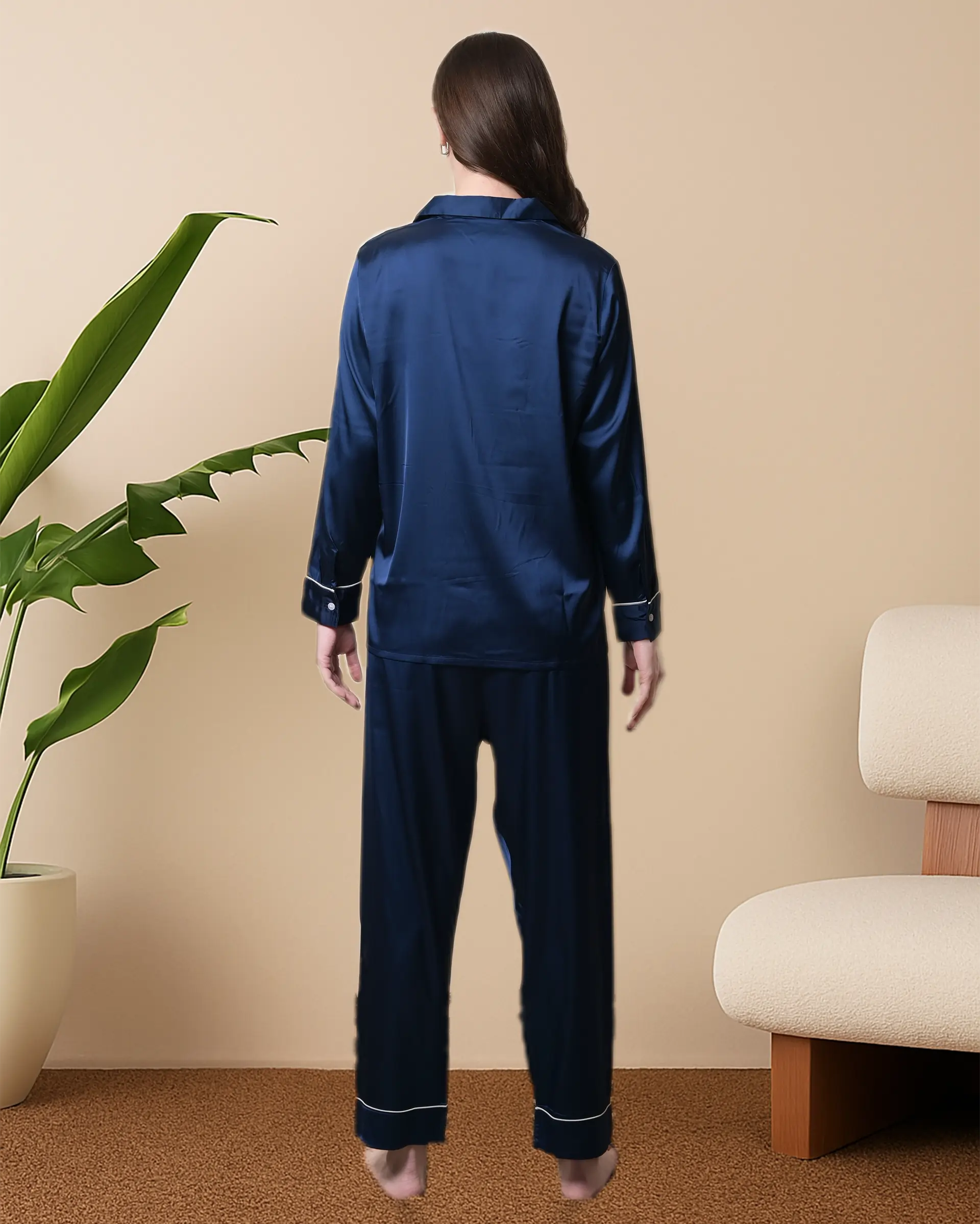 Navy Satin Full Sleeve Shirt & Pyjama Set