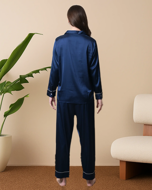 Navy Satin Full Sleeve Shirt & Pyjama Set