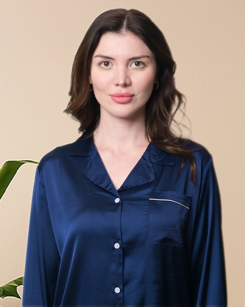Navy Satin Full Sleeve Shirt & Pyjama Set