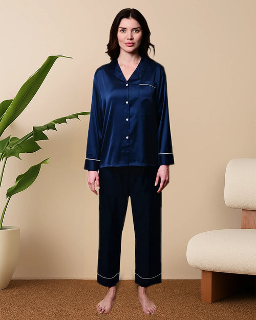 Navy Satin Full Sleeve Shirt & Pyjama Set