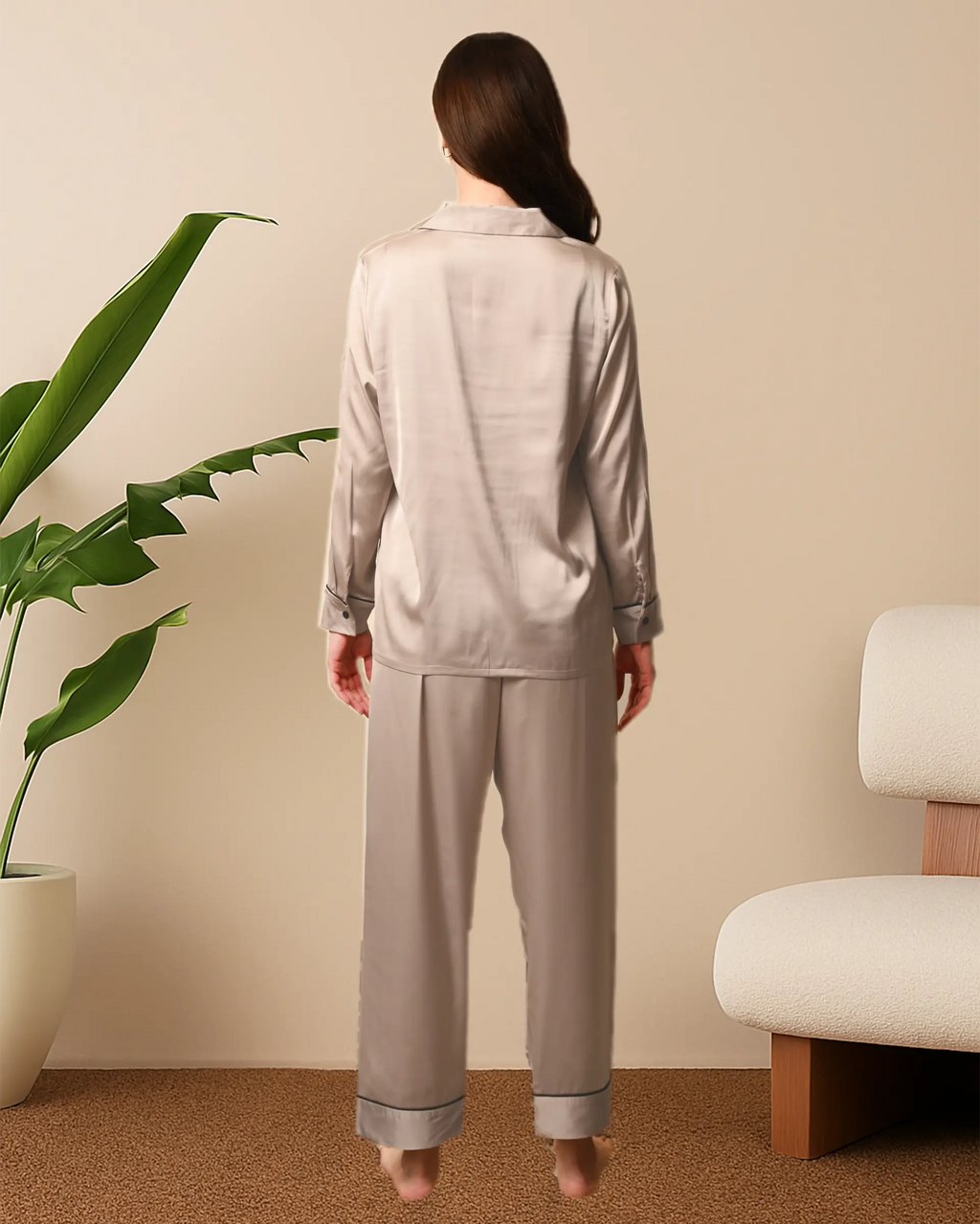 Women's Sand Beige Satin, Full sleeves shirt & pyjama Night Set