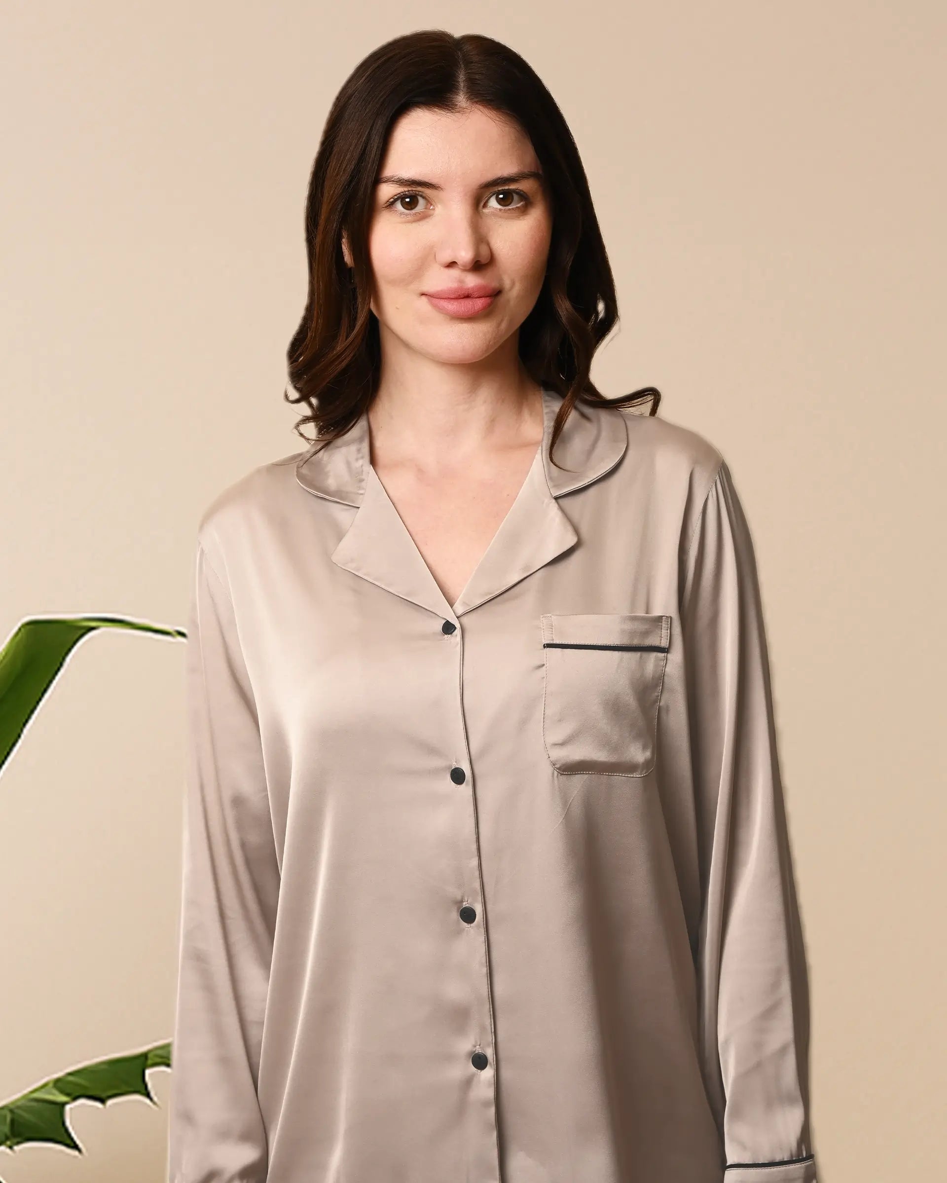 Women's Sand Beige Satin, Full sleeves shirt & pyjama Night Set