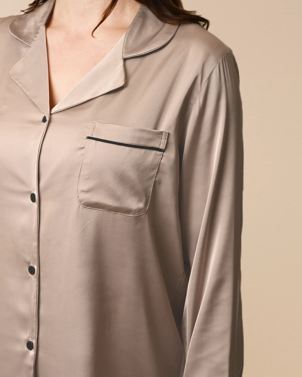 Women's Sand Beige Satin, Full sleeves shirt & pyjama Night Set