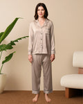 Women's Sand Beige Satin, Full sleeves shirt & pyjama Night Set