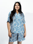 Women’s Blue Floral Print Relaxed V-Neck Top & Shorts Set