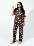 Women’s Deep Brown Inverted Scallop Hearts Printed Half Sleeve Shirt & Pajama Set