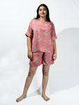 Women’s Fuchsia Pink Nature Print Relaxed V-Neck Top & Shorts Set