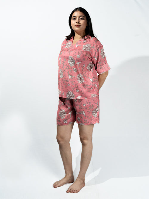 Women’s Fuchsia Pink Nature Print Relaxed V-Neck Top & Shorts Set