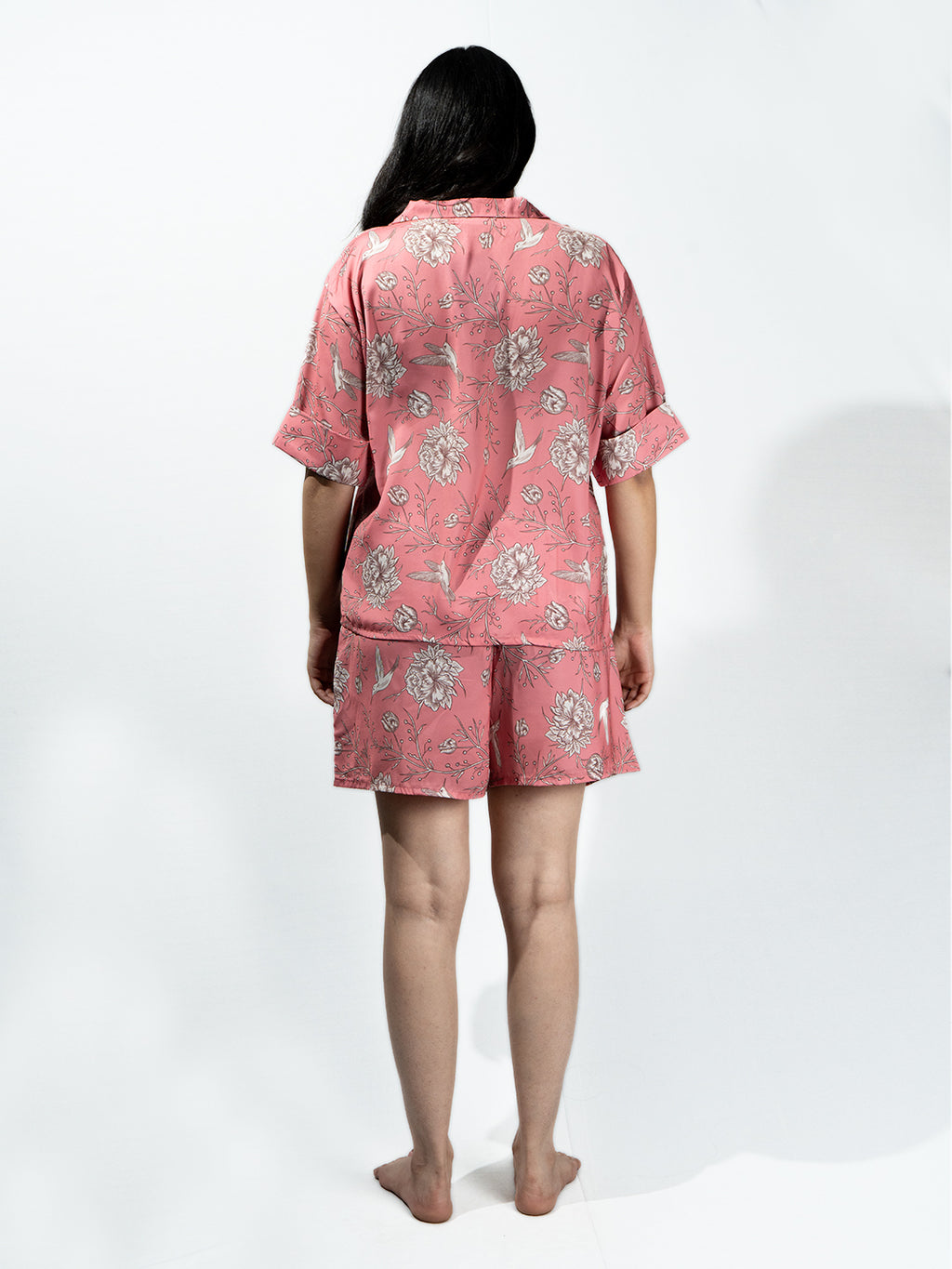 Women’s Fuchsia Pink Nature Print Relaxed V-Neck Top & Shorts Set