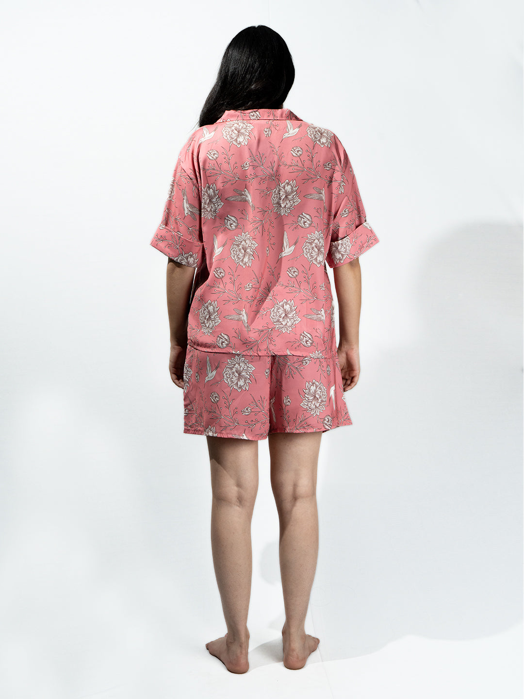 Women’s Fuchsia Pink Nature Print Relaxed V-Neck Top & Shorts Set