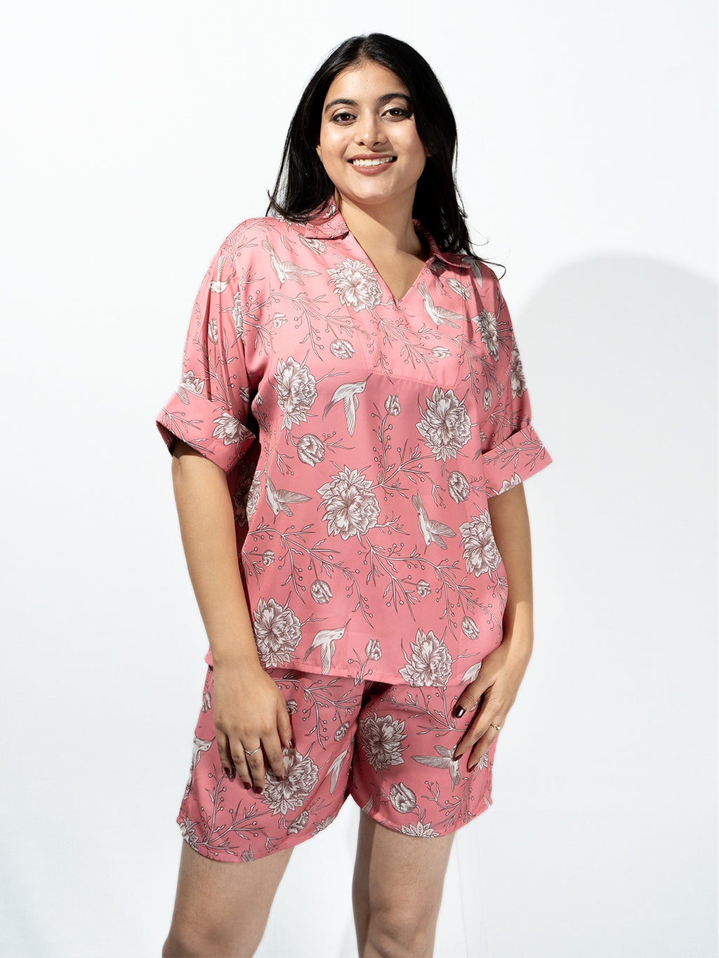 Women’s Fuchsia Pink Nature Print Relaxed V-Neck Top & Shorts Set