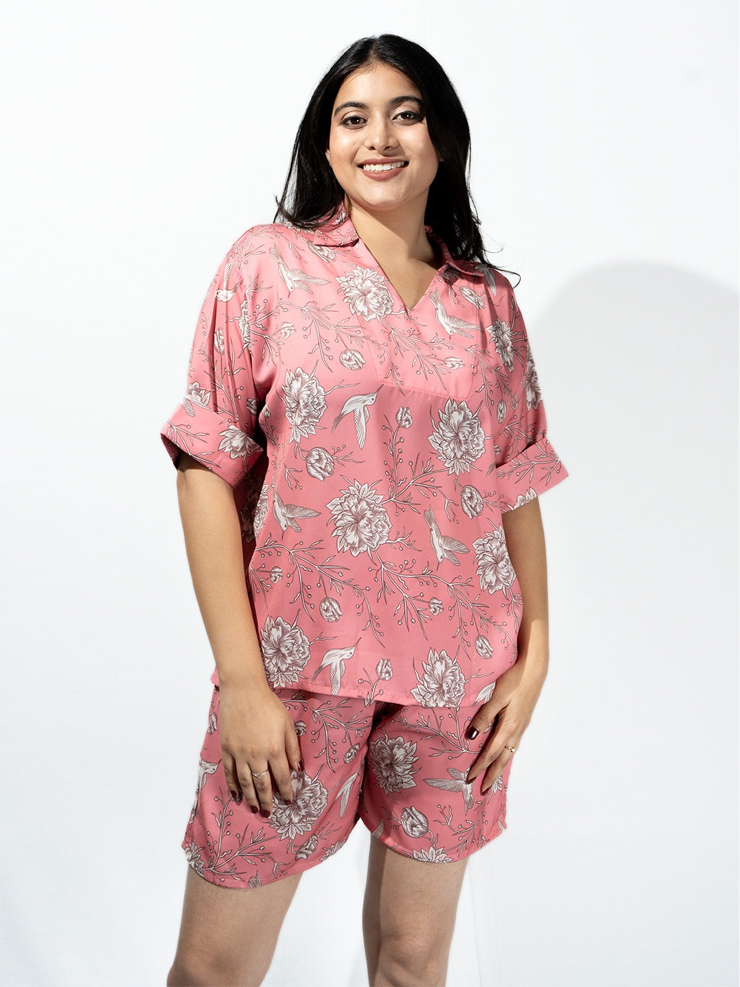 Women’s Fuchsia Pink Nature Print Relaxed V-Neck Top & Shorts Set