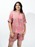 Women’s Fuchsia Pink Nature Print Relaxed V-Neck Top & Shorts Set