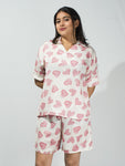 Women’s Ivory Brushes Heart Print Relaxed V-Neck Top & Shorts Set