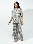 Women’s Monotone Botanic Bird Print Half Sleeve Shirt & Pajama Set