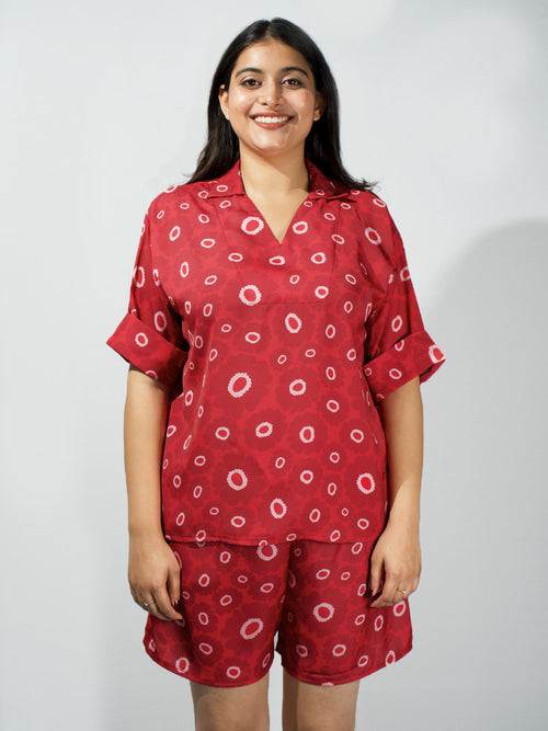 Women’s Red Floral Print Relaxed V-Neck Top & Shorts Set