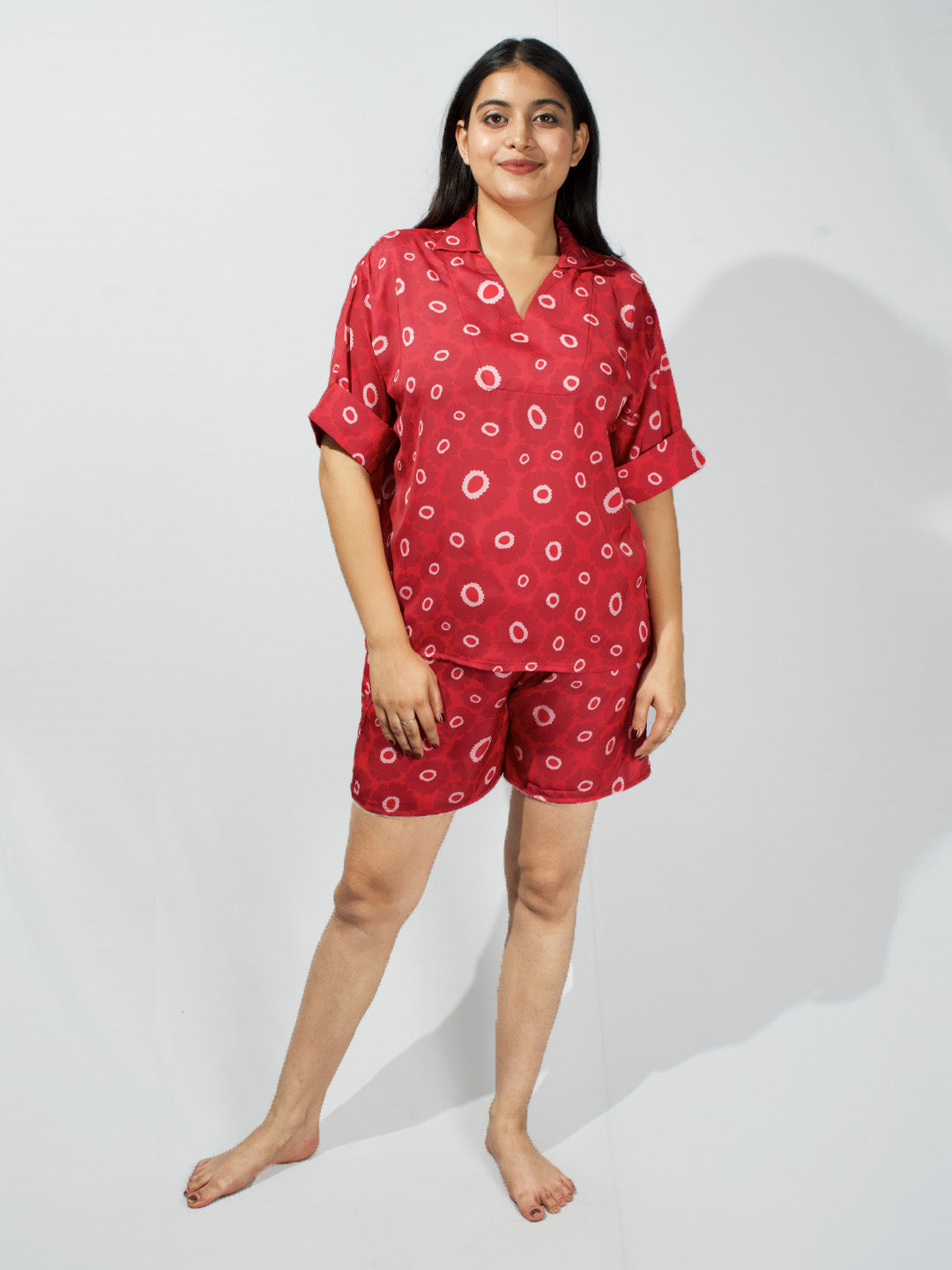 Women’s Red Floral Print Relaxed V-Neck Top & Shorts Set