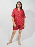 Women’s Red Floral Print Relaxed V-Neck Top & Shorts Set