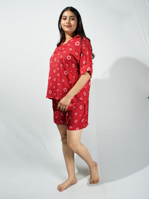 Women’s Red Floral Print Relaxed V-Neck Top & Shorts Set