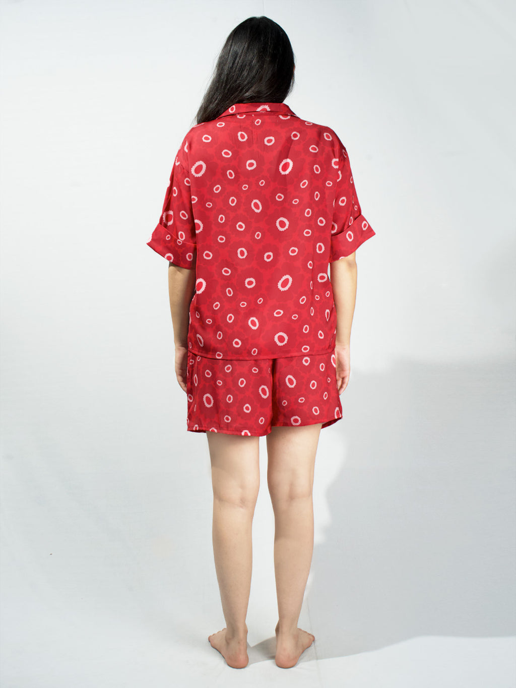 Women’s Red Floral Print Relaxed V-Neck Top & Shorts Set