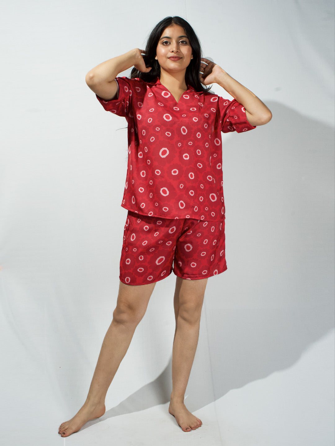 Women’s Red Floral Print Relaxed V-Neck Top & Shorts Set